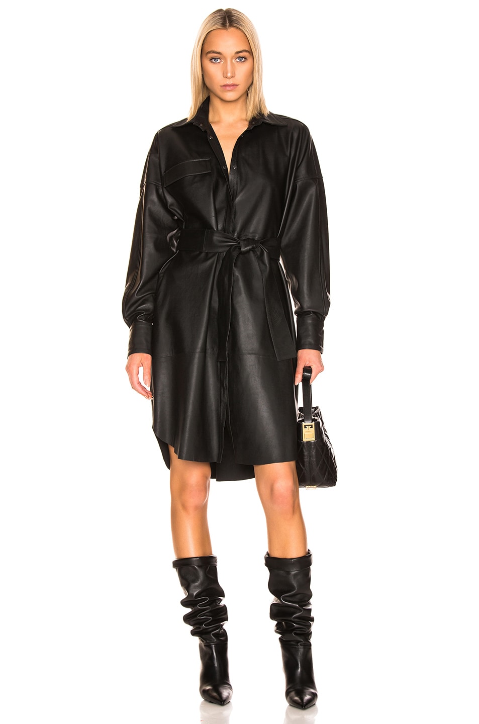 Image 1 of REMAIN Bologna Leather Long Sleeve Shirt Dress in Black