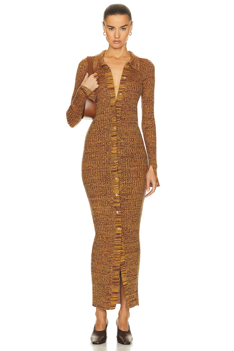 Image 1 of REMAIN Long Rib Button Dress in Old Gold Combo