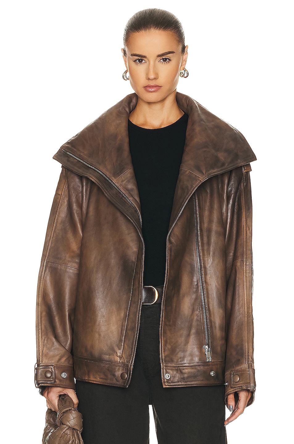 Image 1 of REMAIN Leather Oversized Jacket in BROWN SUGAR COMB.