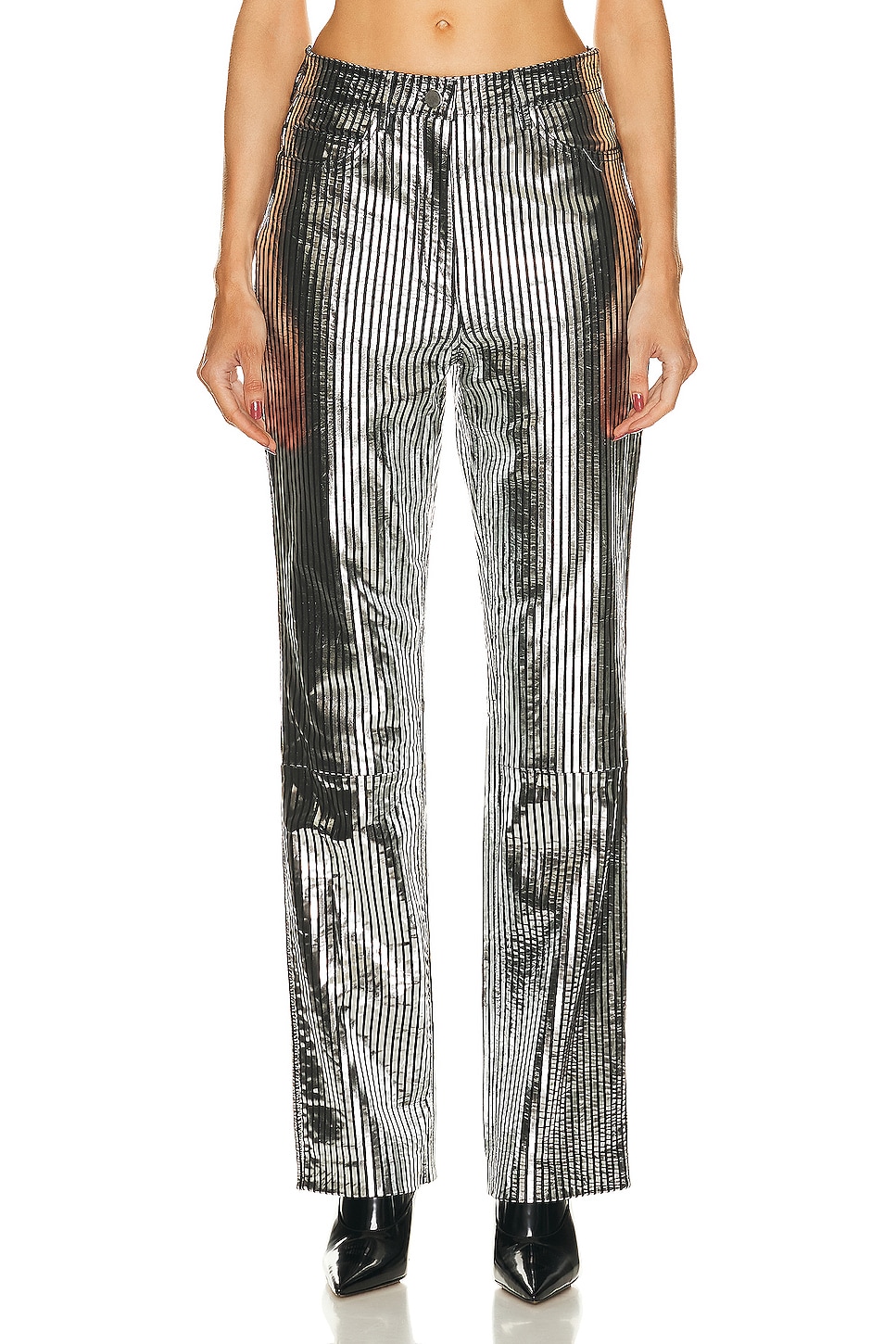 Striped Leather Pant in Metallic Silver