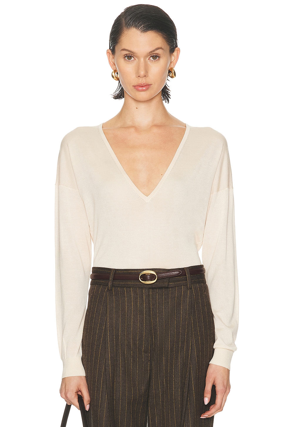 Image 1 of RENGGLI Silk Cashmere V Neck Sweater in Eggshell