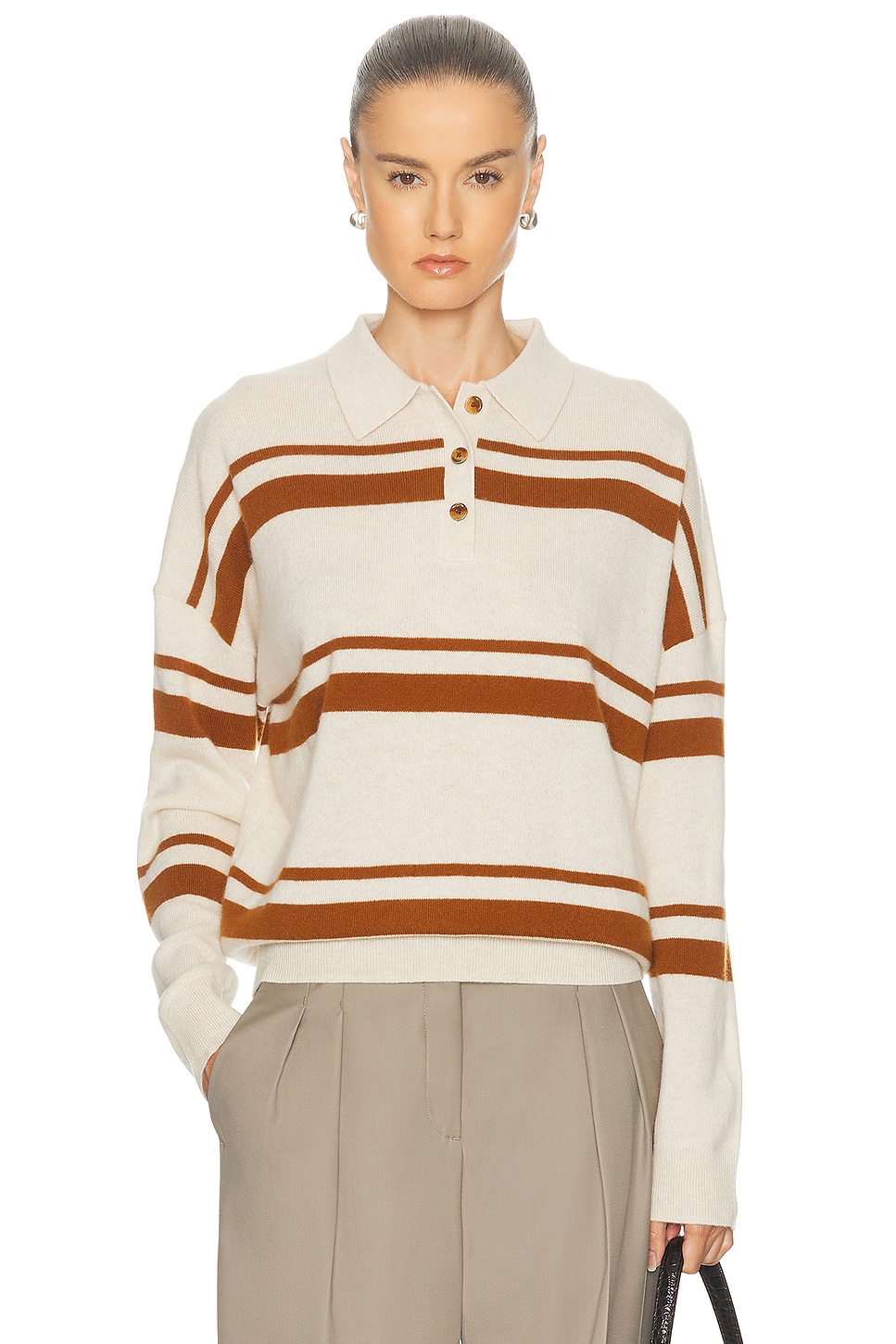 Image 1 of RENGGLI Cashmere Striped Polo Top in Eggshell & Saffron