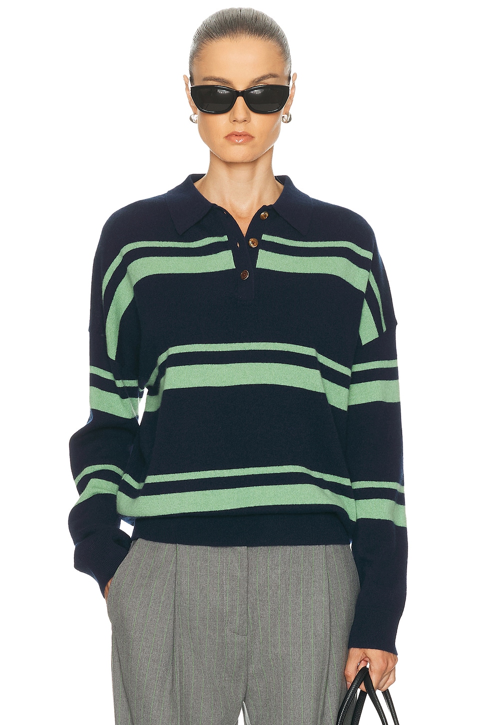 Image 1 of RENGGLI Cashmere Striped Polo Top in Midnight & Jade