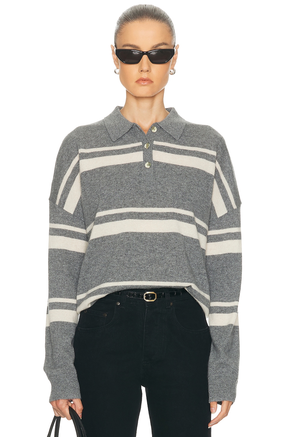 Renggli Cashmere Striped Polo Top In Gray