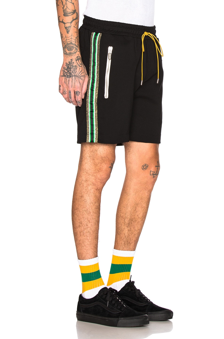 Image 1 of Rhude Traxedo Shorts in Black & Gold & Green