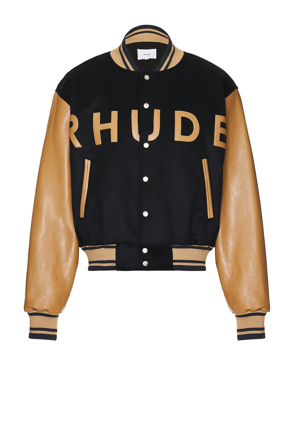 Image 1 of Rhude Logo Varsity Jacket in Navy & Camel