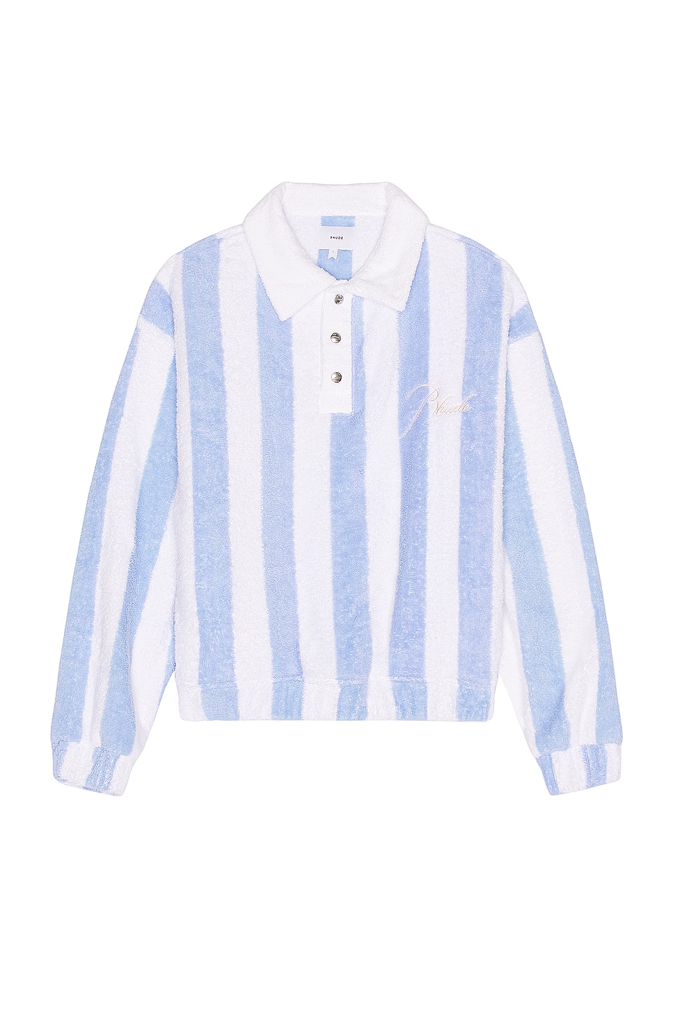 Image 1 of Rhude Striped Loop Terry Polo in White & Light Blue