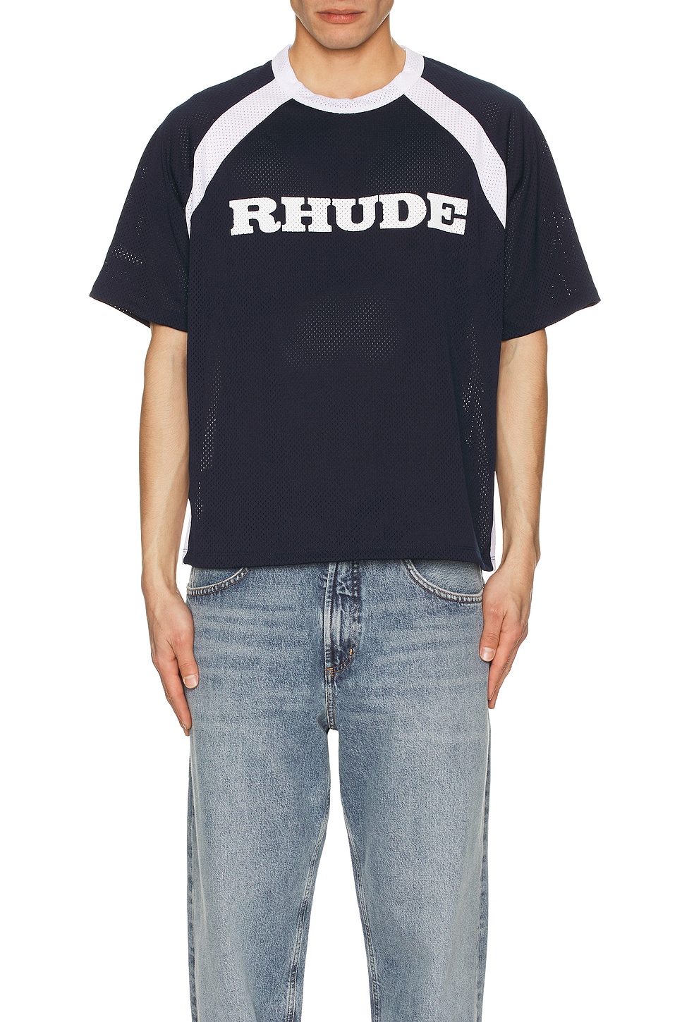 Image 1 of Rhude Mesh Tee in Navy & Stark White