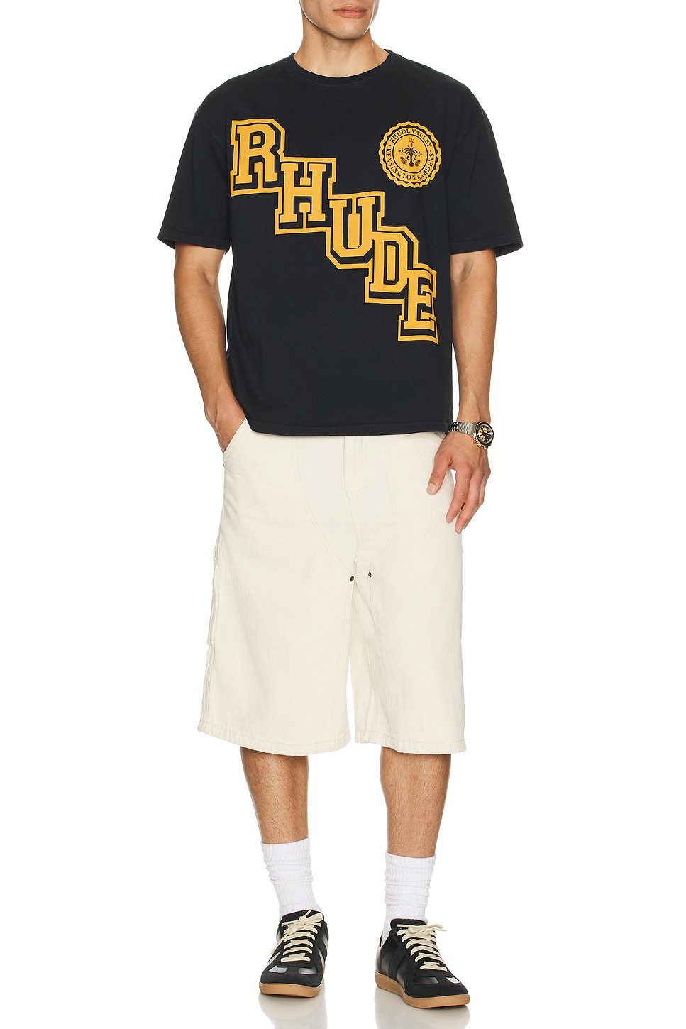 Image 1 of Rhude Collegiate Crest Tee in Vintage Black & Yellow