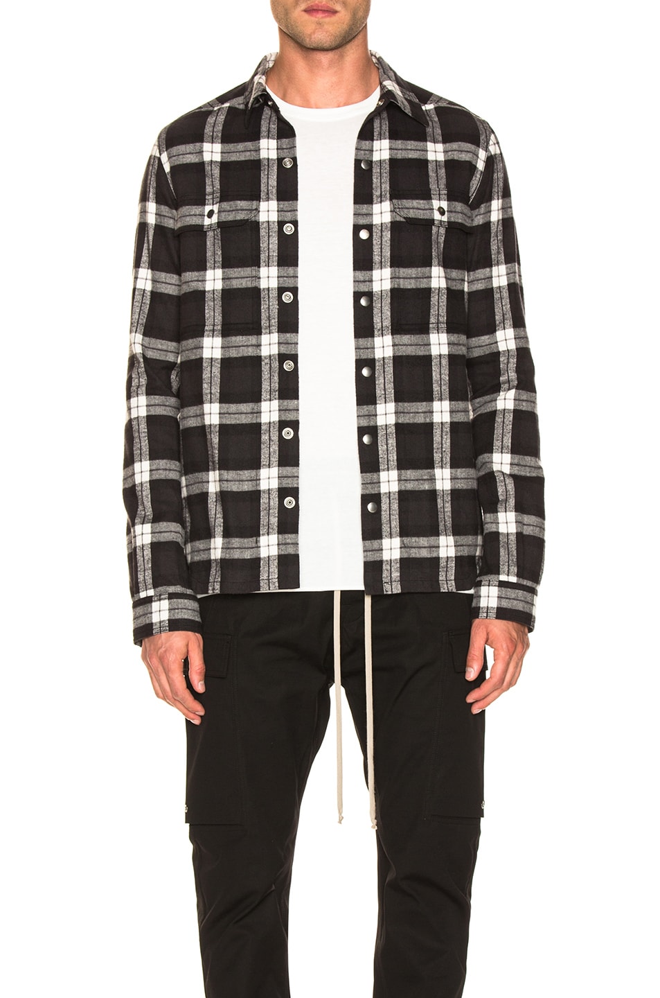 Image 1 of Rick Owens Cotton Plaid Outershirt in Black & Milk