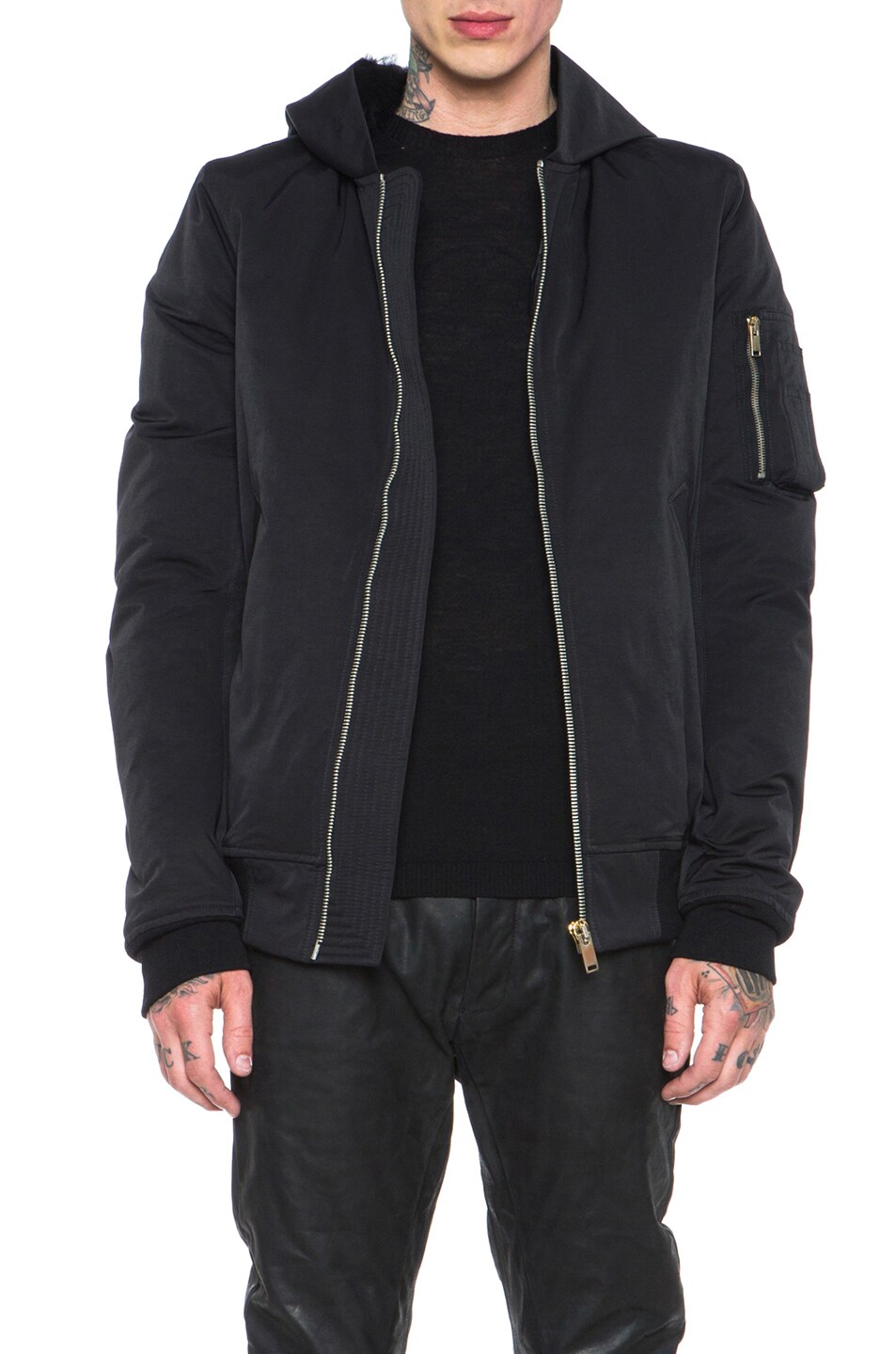 Image 1 of Rick Owens Flight Cotton-Blend Bomber Fur Hood Jacket in Black