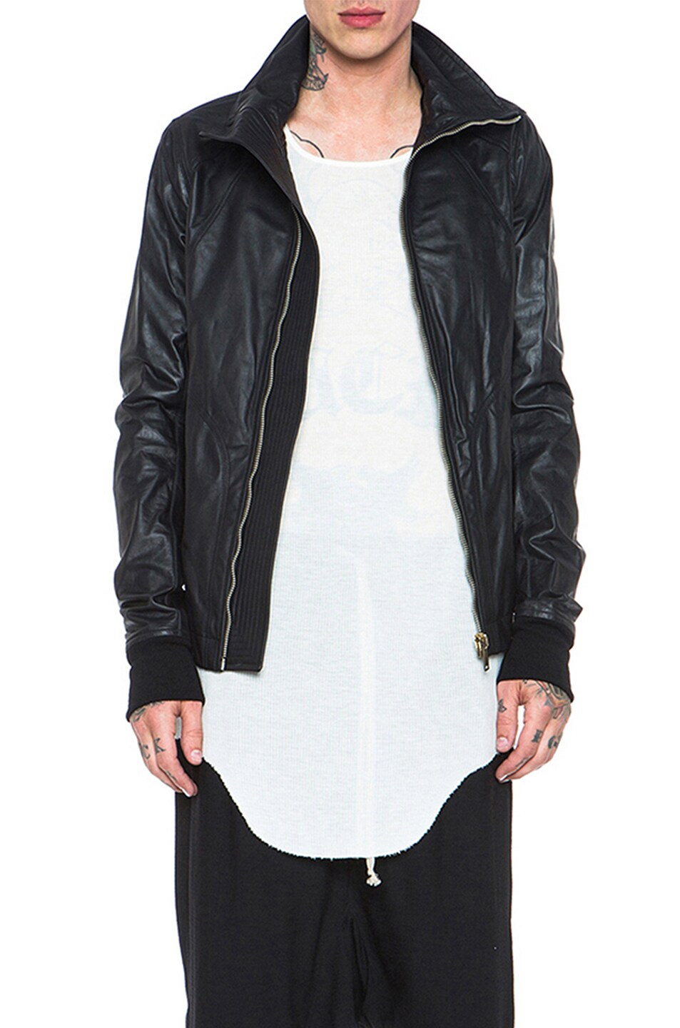 Image 1 of Rick Owens Intarsia High Neck Glass Ice Lambskin Leather Jacket in Black