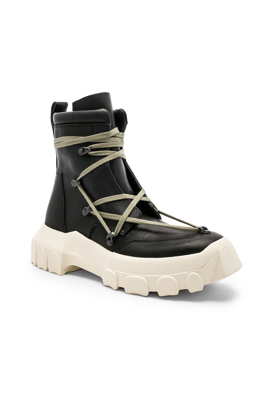 Rick Owens Leather Lace Up Hiking Boots in Black & Milk | FWRD