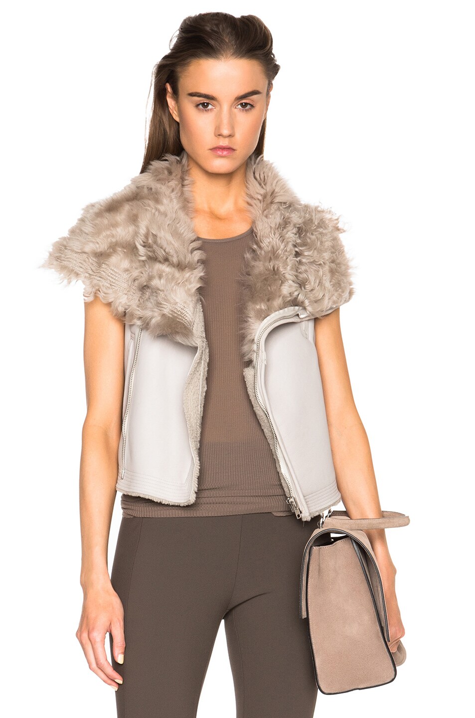 Image 1 of Rick Owens Shearling Sleeveless Classic Biker Vest in Pearl
