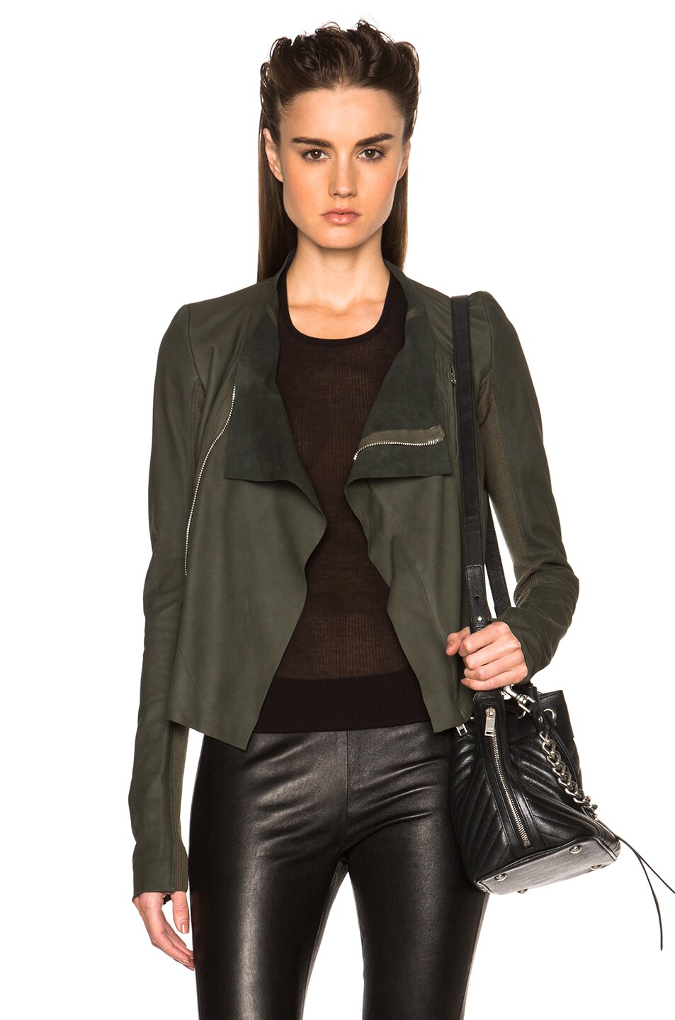 Image 1 of Rick Owens Nuvola Leather Low Neck Biker Jacket in Palm