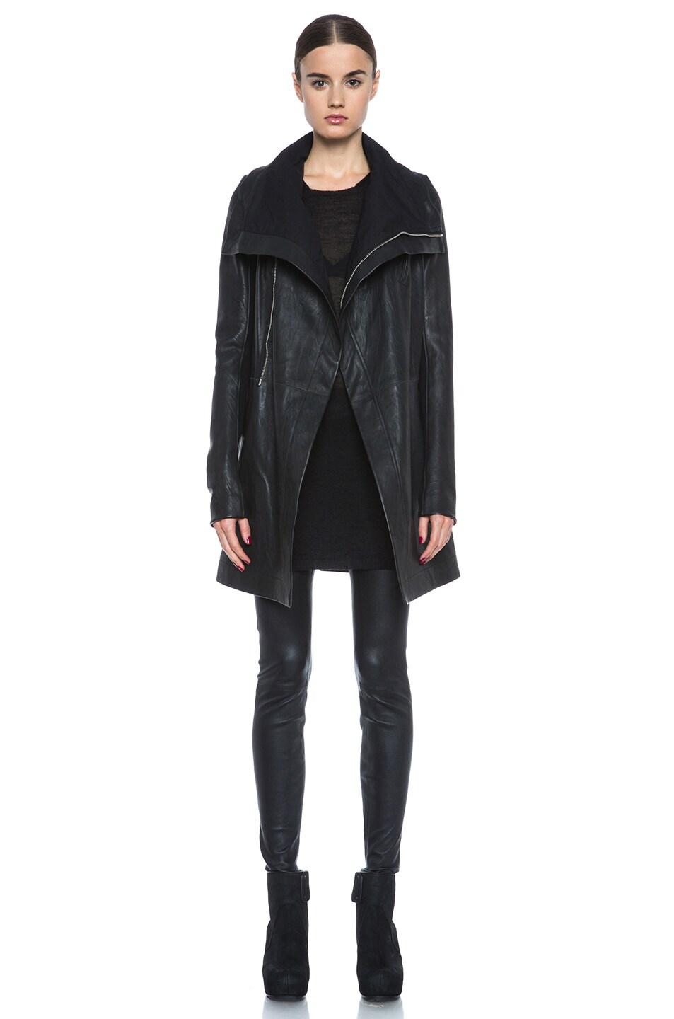 Rick Owens Long Lambskin Leather Biker Jacket In Black Fwrd Image 1 Of Rick Owens Long Lambskin Leather Biker Jacket In Black