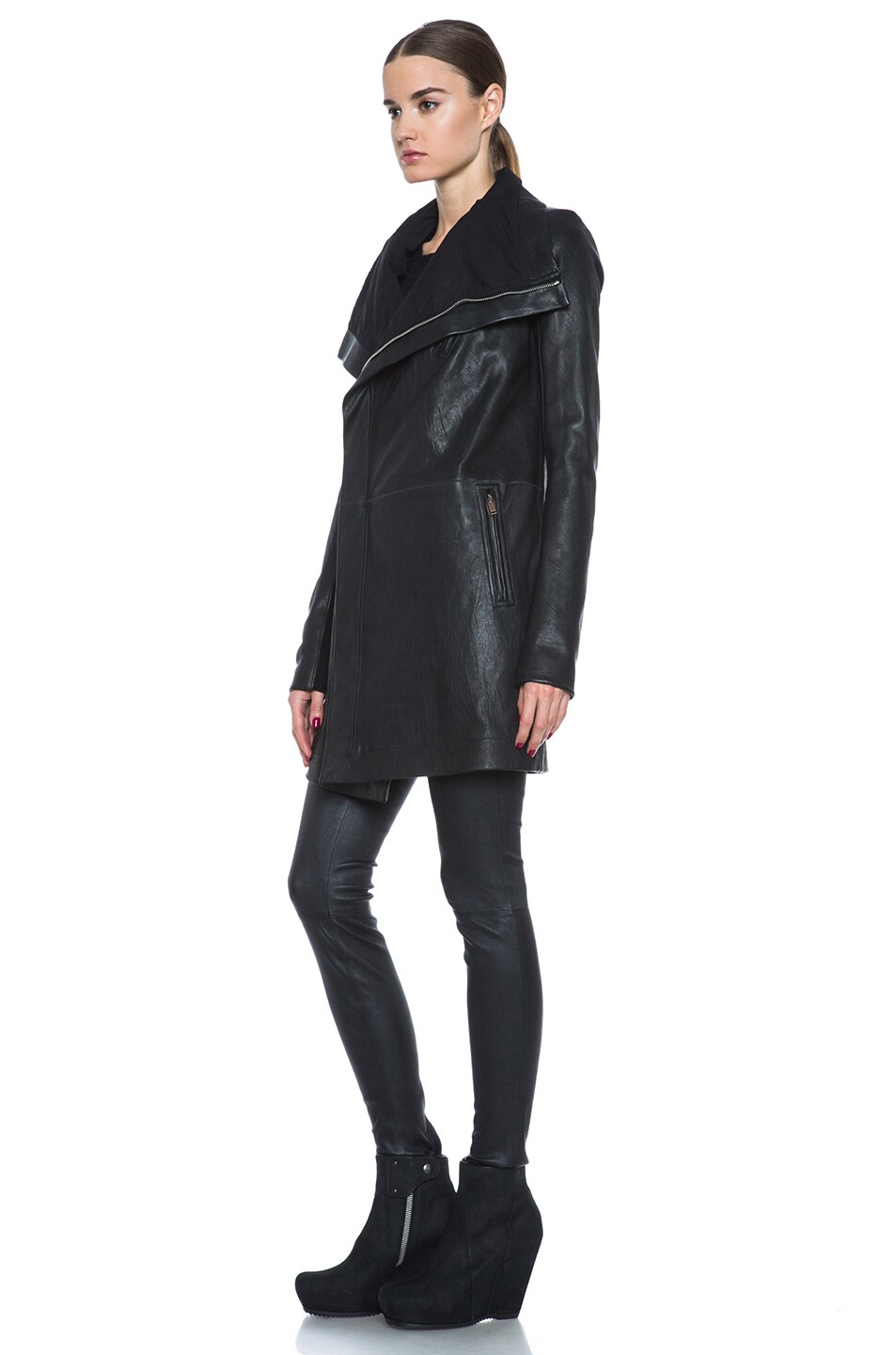 Rick Owens Long Lambskin Leather Biker Jacket In Black Fwrd Image 3 Of Rick Owens Long Lambskin Leather Biker Jacket In Black