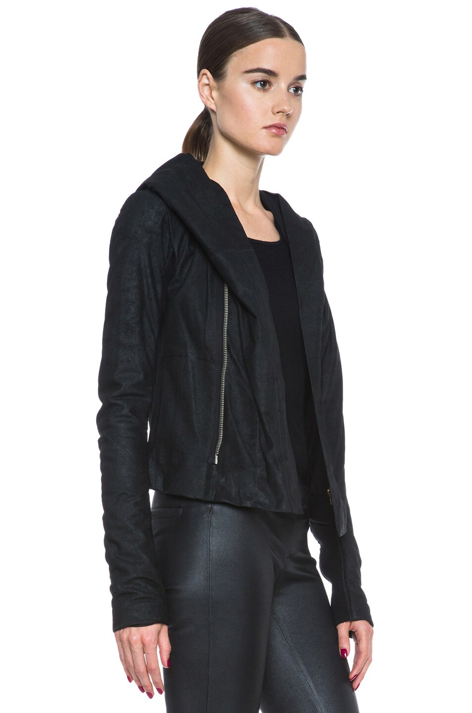 Rick Owens Hooded Lambskin Leather Biker Jacket In Black Fwrd Image 4 Of Rick Owens Hooded Lambskin Leather Biker Jacket In Black