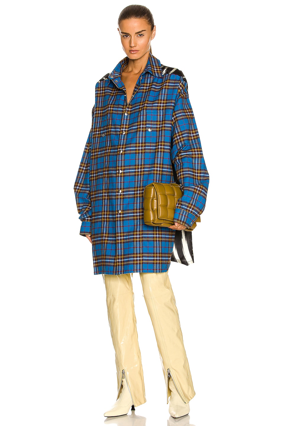 Image 1 of Rick Owens Tommy Outershirt in Blue Plaid, Black & Milk