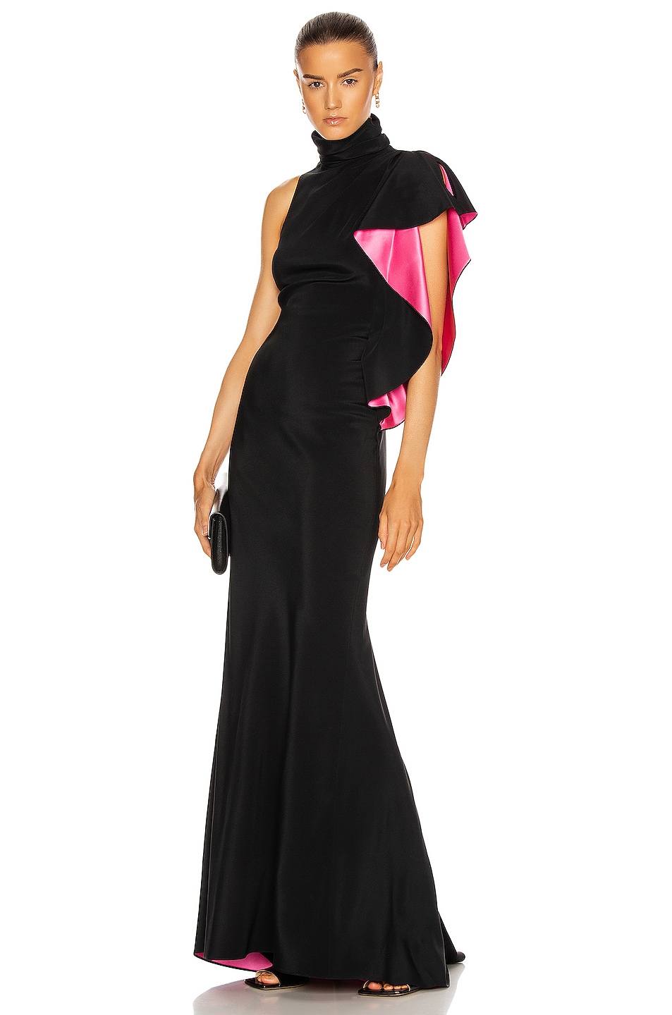 Image 1 of Redemption Long Dress With Draped Shoulder in Black & Pink