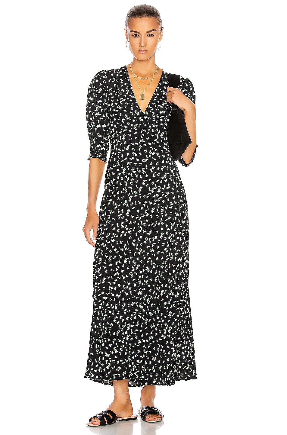 RIXO Zadie Dress in Black & Cream Ditsy Floral | FWRD