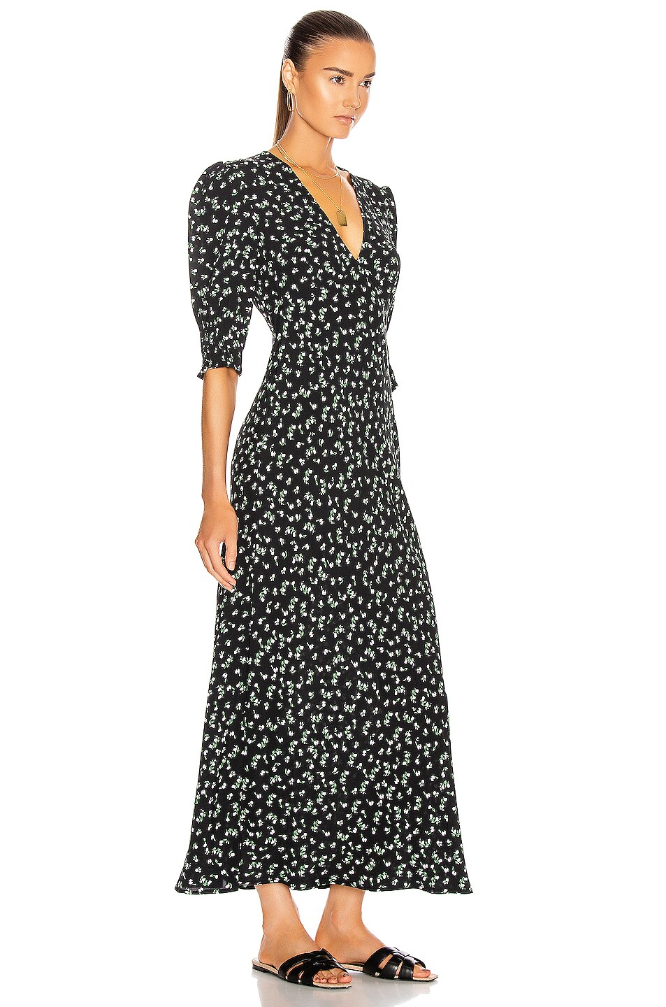 RIXO Zadie Dress in Black & Cream Ditsy Floral | FWRD