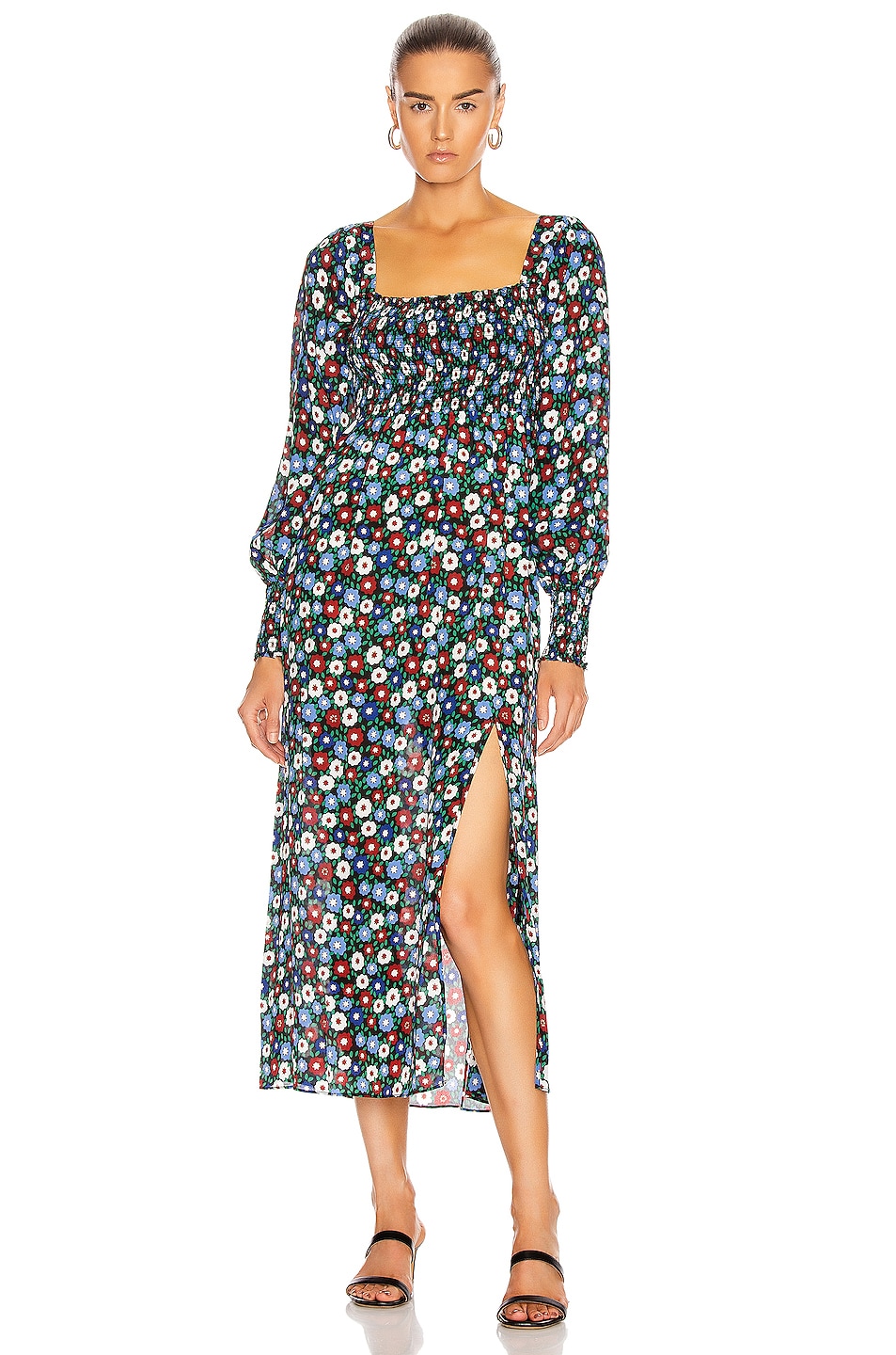 Image 1 of RIXO Marie Dress in Retro Micro Floral Blue, Green & Red