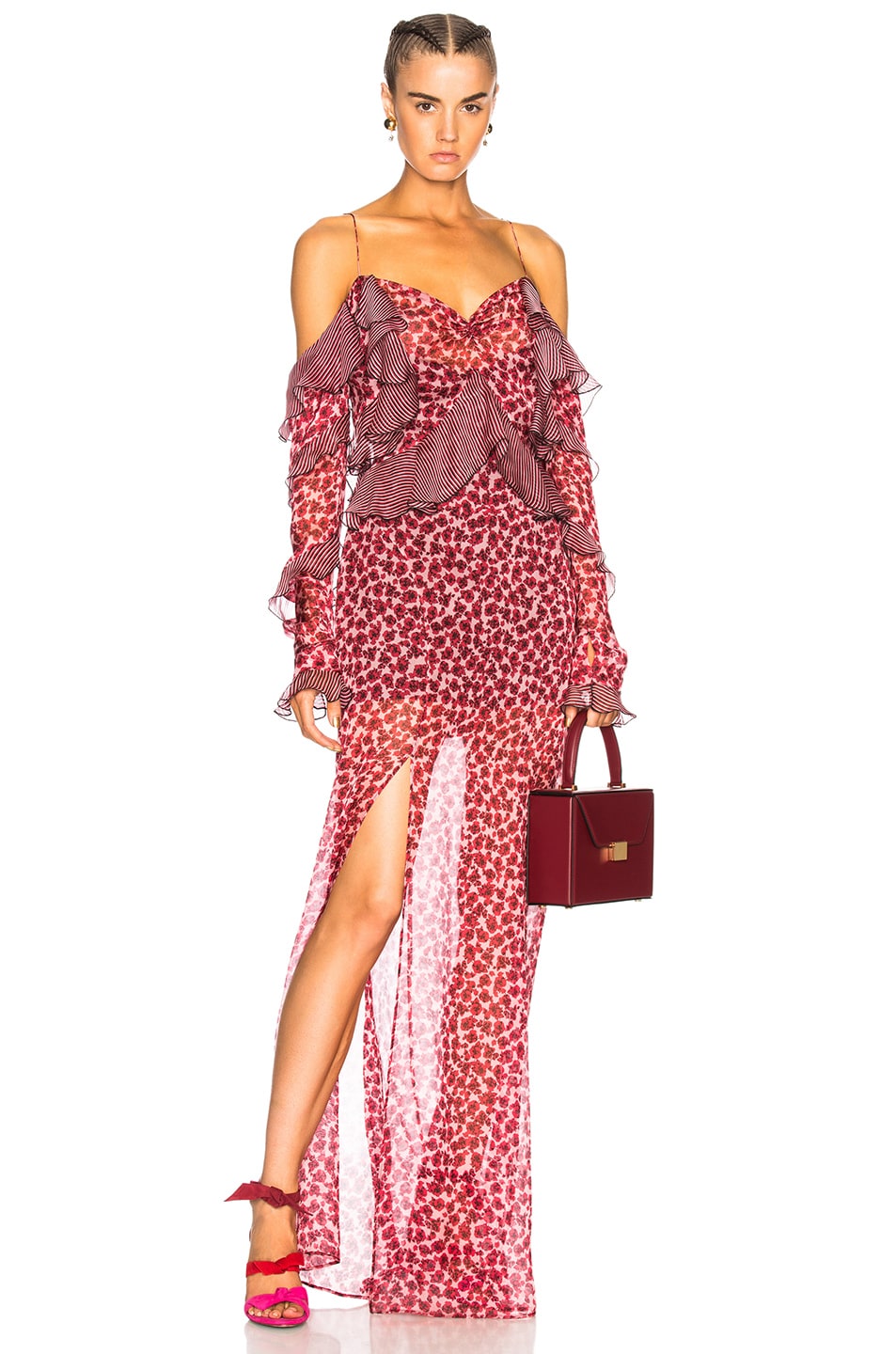 Image 1 of RAQUEL DINIZ Talia Cold Shoulder Maxi Dress in Dahlia Rose & Raspberry Stripe