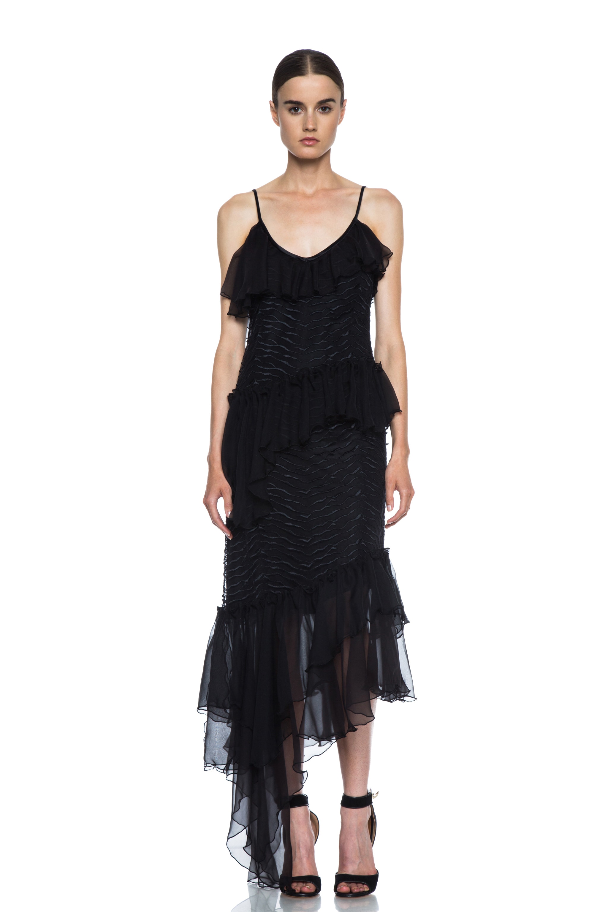 Image 1 of Rodarte Lined Embroidered Silk Dress with Chiffon Ruffles in Black