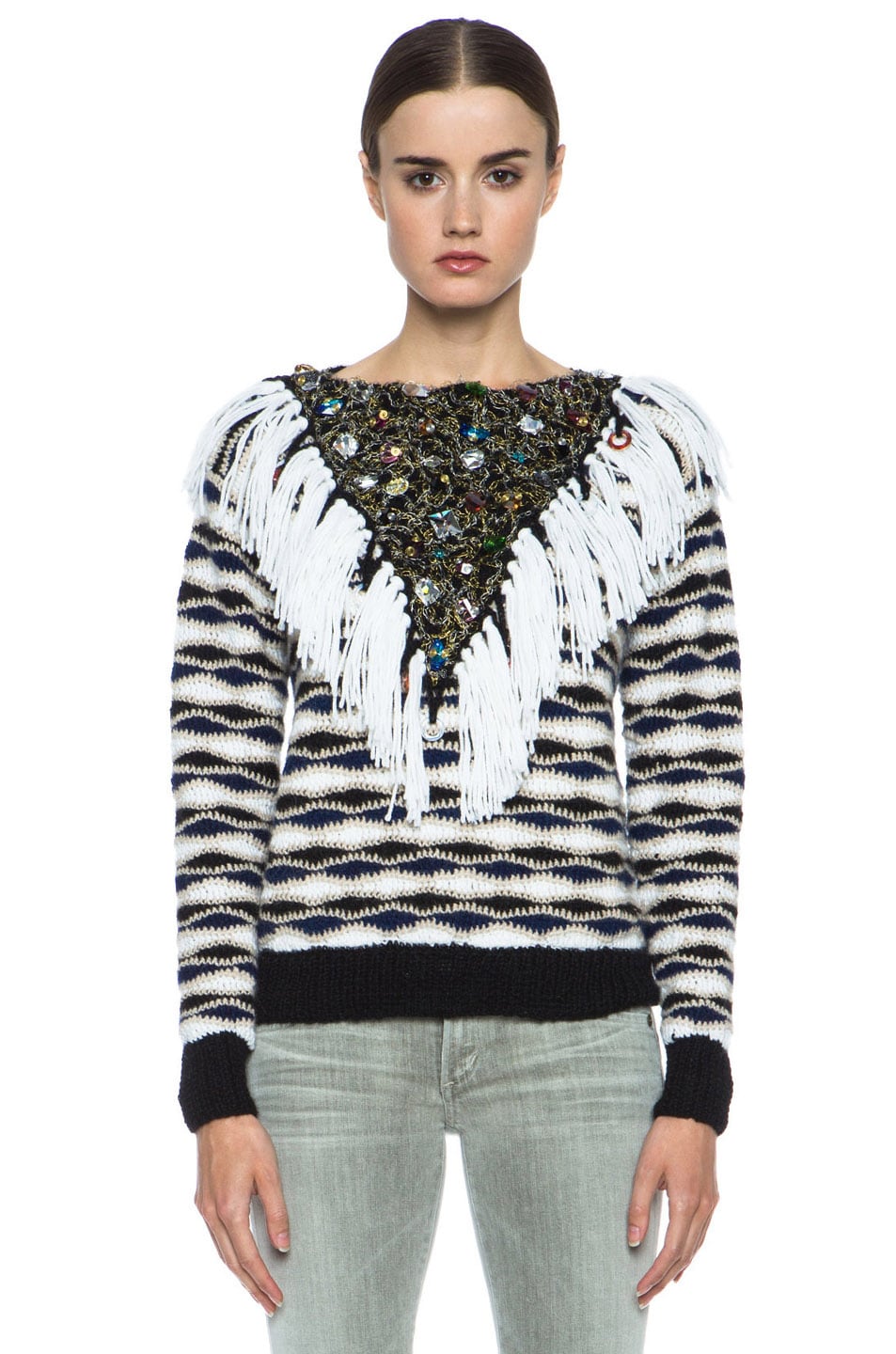 Image 1 of Rodarte Hand Crochet & Knit Sweater with Jeweled Collar in Black & White & Navy