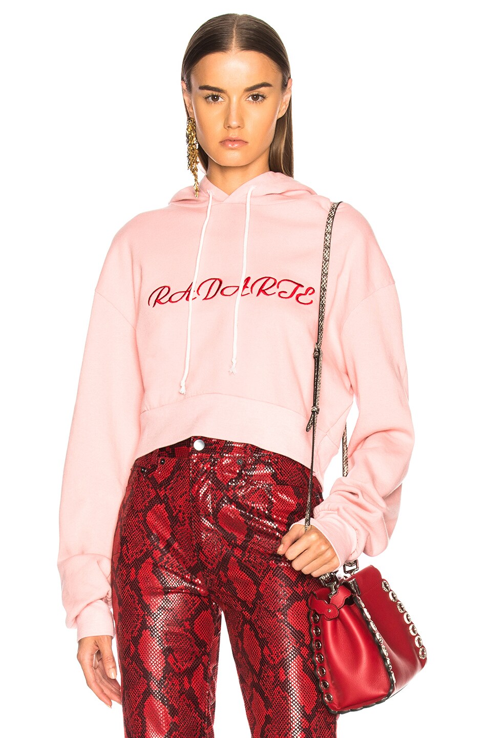 Image 1 of Rodarte Radarte LA Embroidery Cropped Hoodie in Pink & Red