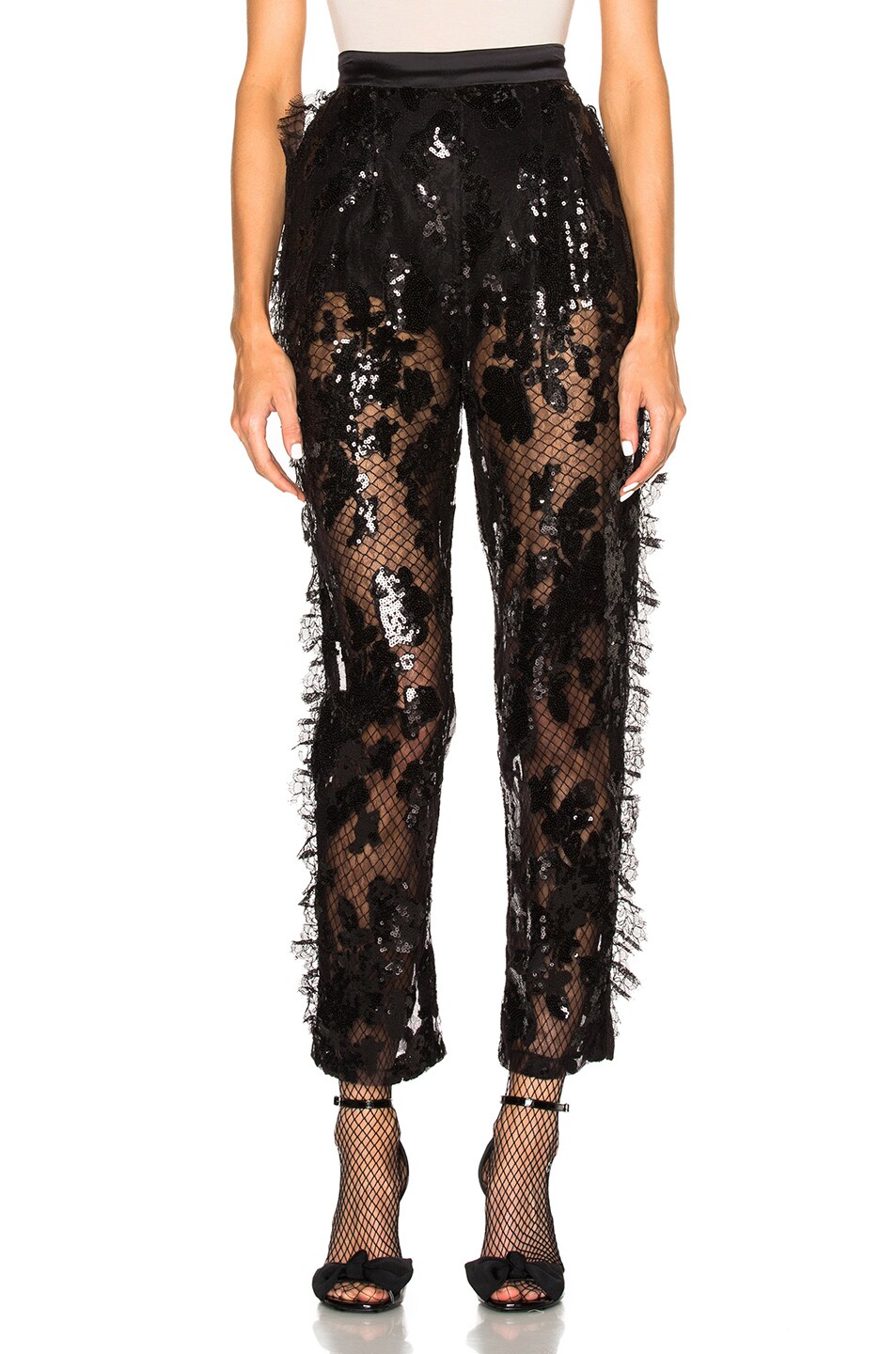 Image 1 of Rodarte Sequin Trousers with Side Seam Ruffle Detail in Black