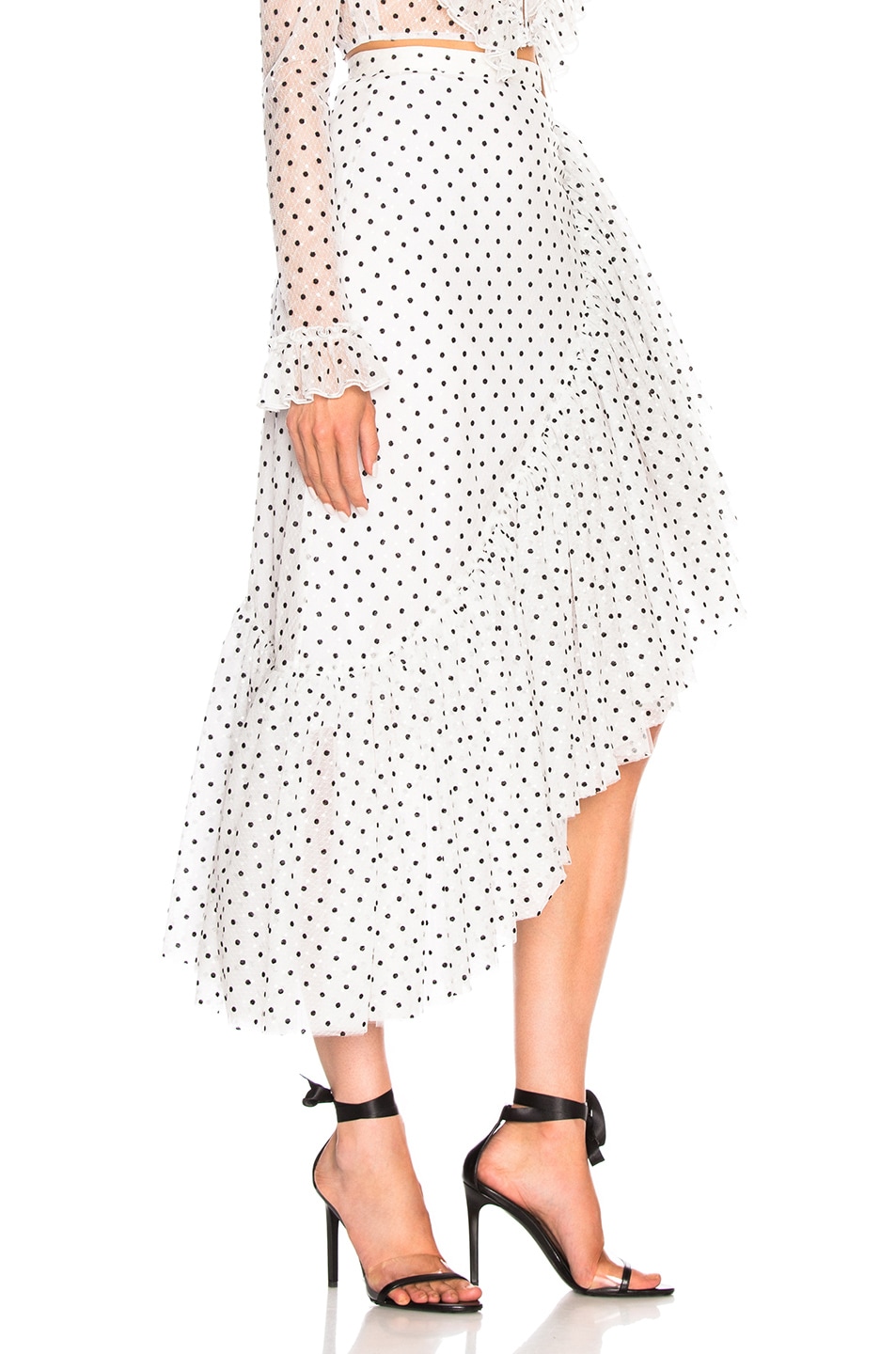 Rodarte Flocked Tulle Asymmetric Ruffle Skirt in White & Black | FWRD