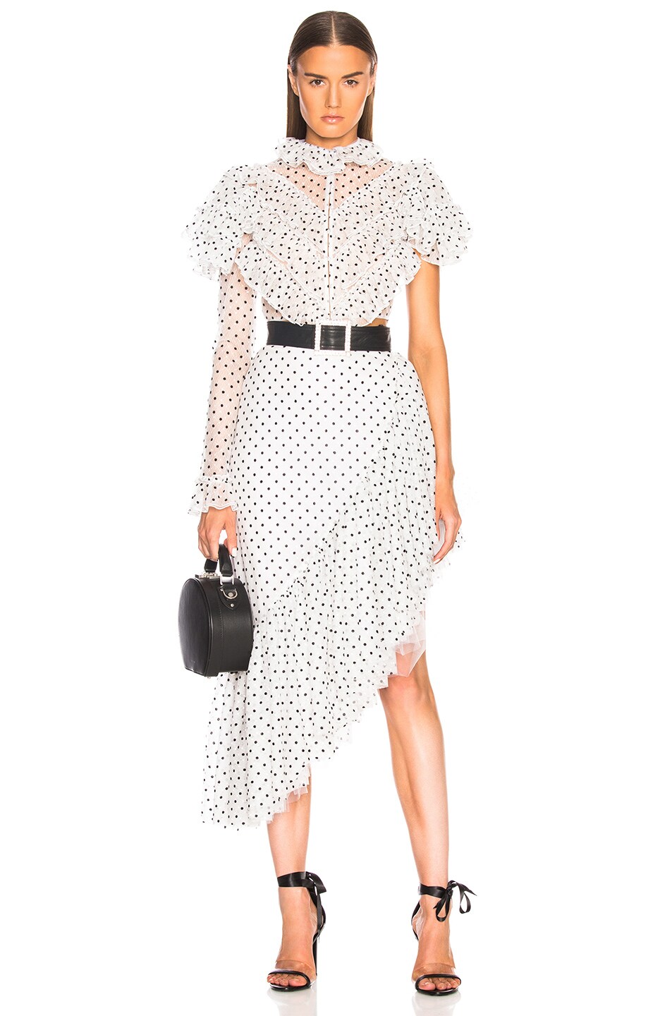 Rodarte Flocked Tulle Asymmetric Ruffle Skirt in White & Black | FWRD