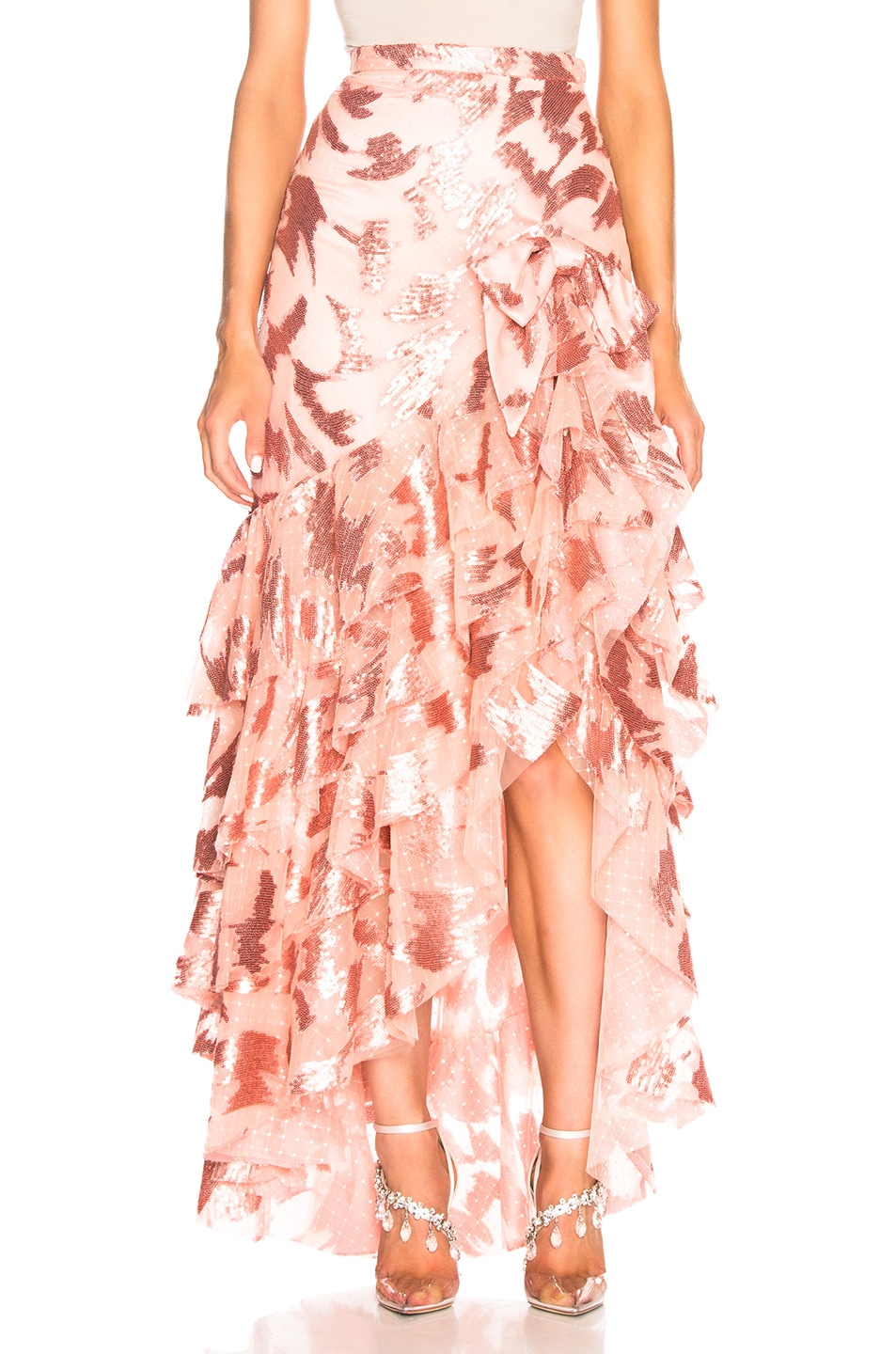Image 1 of Rodarte Sequin & Tulle Ruffled Skirt with Bow Detail in Light Pink