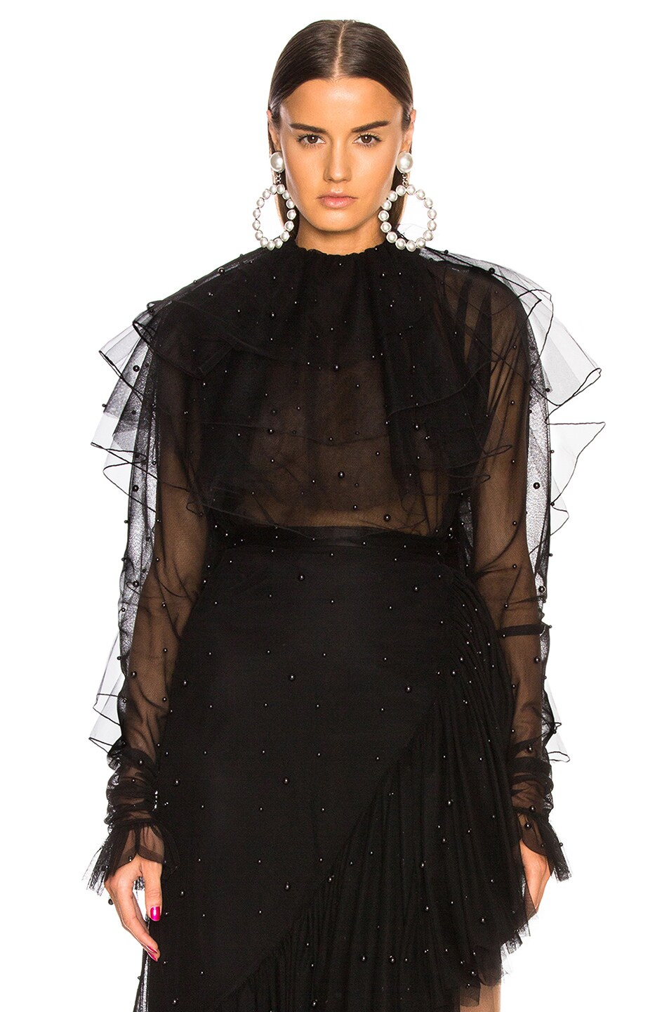 Image 1 of Rodarte Tulle & Black Pearl Low Back Tiered Blouse in Black