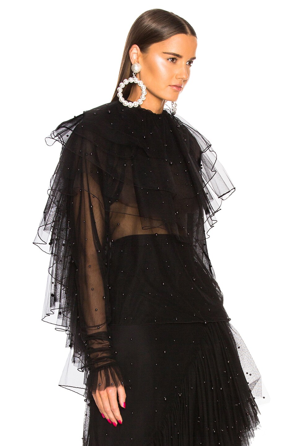 Rodarte Tulle & Black Pearl Low Back Tiered Blouse in Black | FWRD