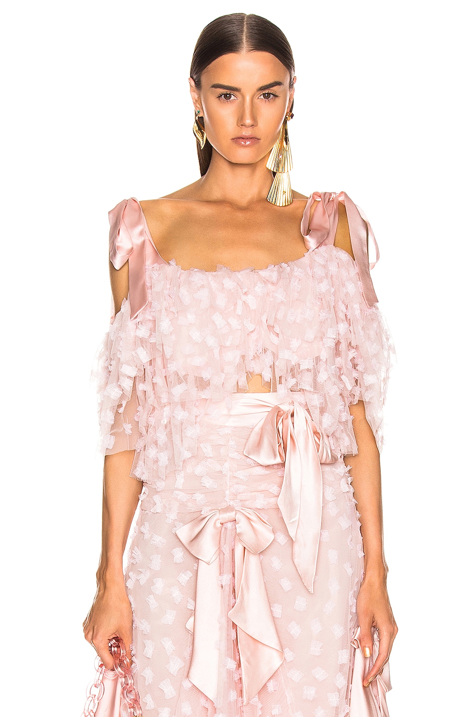 Image 1 of Rodarte Embroidered Bow Tiered Off the Shoulder Blouse in Pink