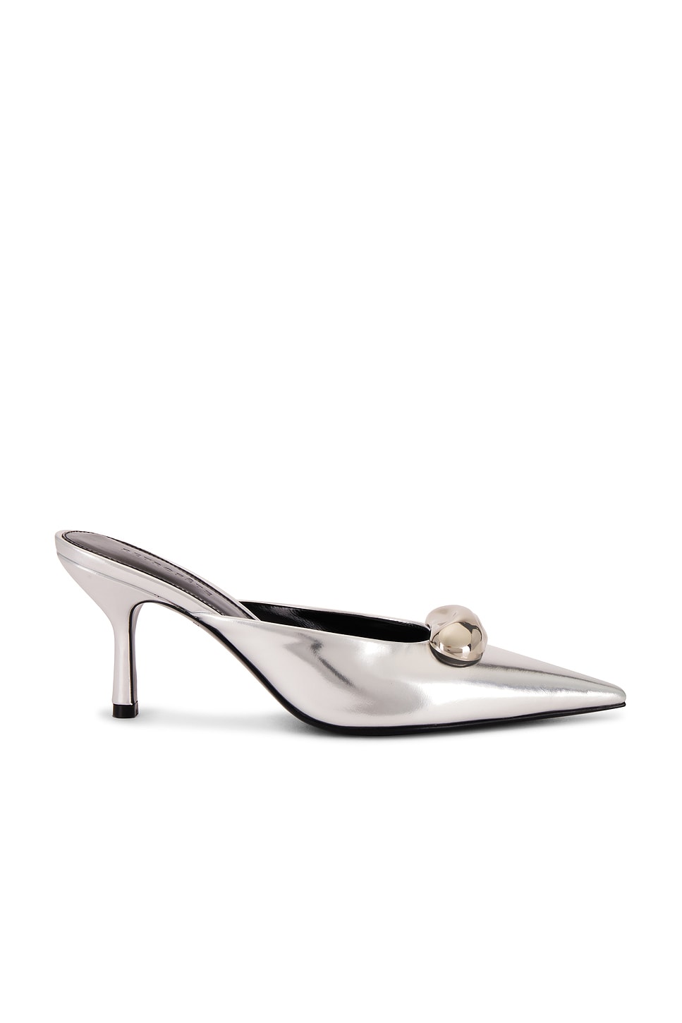 Francesca Leather Kitten Mule in Metallic Silver