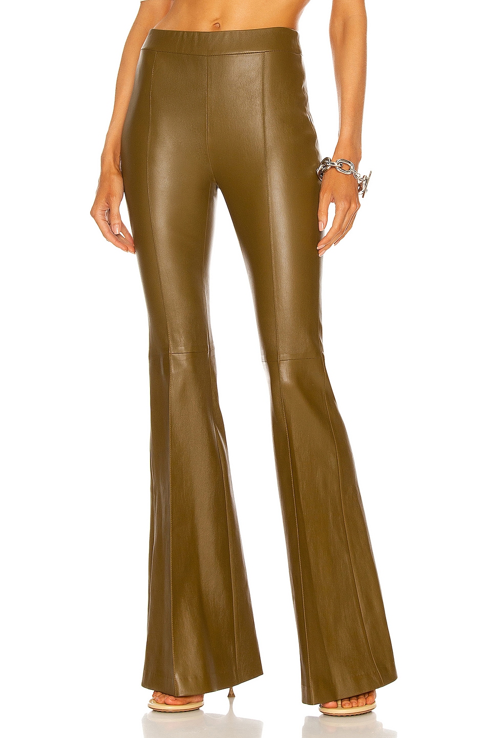 Image 1 of Rosetta Getty Pull On Pintuck Flare Leather Pant in Olive