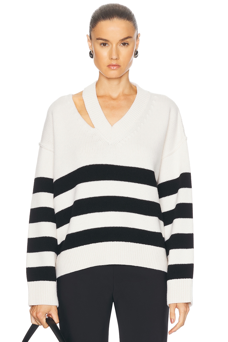 Deconstructed Cashmere Knitted Breton V-Neck Sweater in White