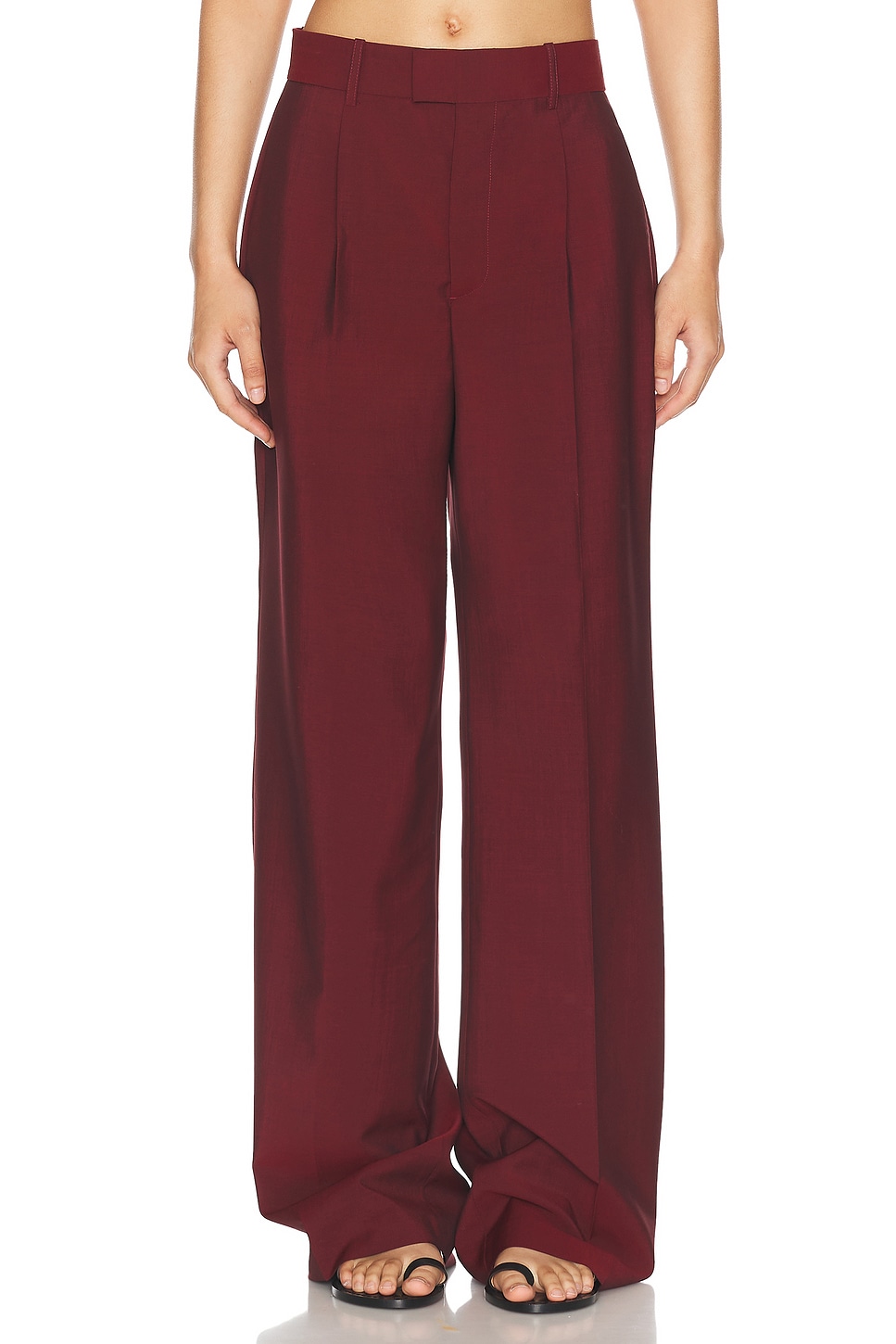 Wide Leg Single Pleated Tailored Trousers in Burgundy