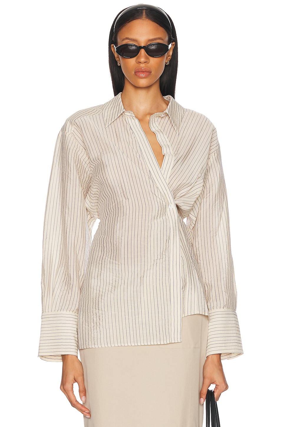 Image 1 of Rohe Asymmetric Waisted Striped Shirt in Cream & Navy Stripe