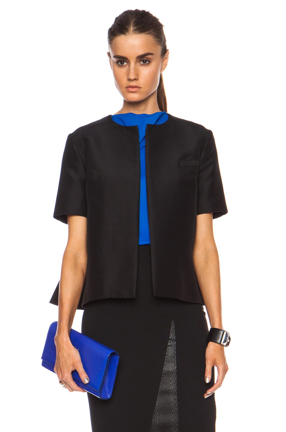 Image 1 of Roksanda Delmore Cotton-Blend Jacket in Black Dupion & Cobalt Blue