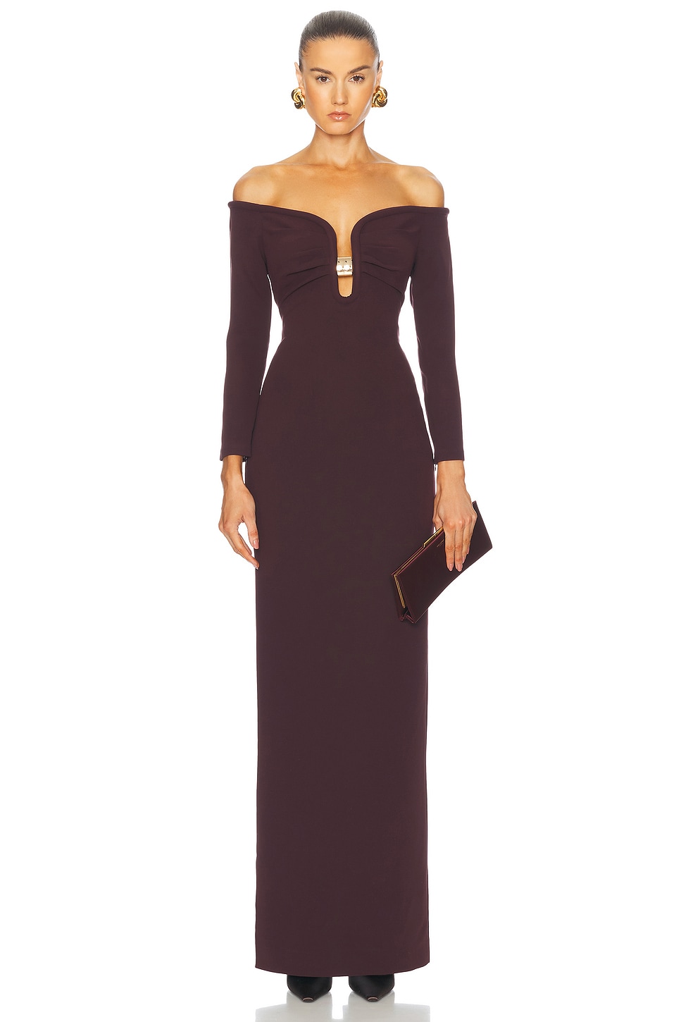 Image 1 of Roland Mouret Long Sleeve Embellished Gown in Brown