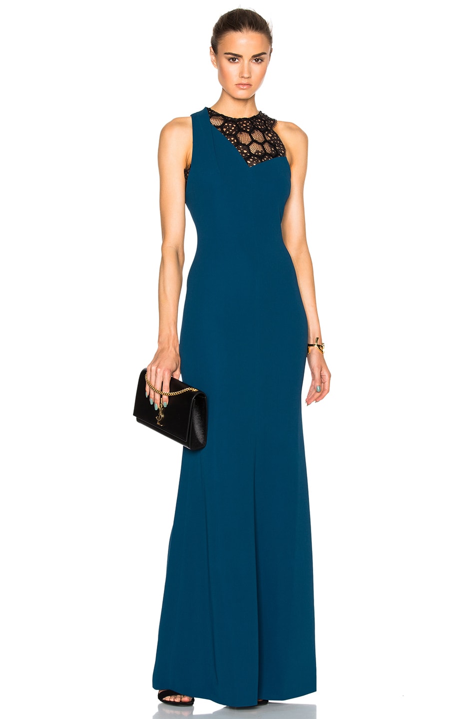 Image 1 of Roland Mouret Tolson Hexagonal Embroidered Lace Gown in Petrol & Black
