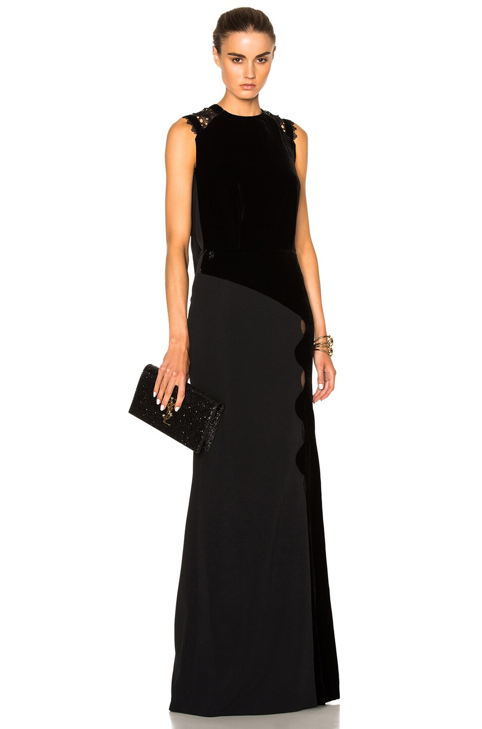 Image 1 of Roland Mouret Malroy Velvet & Crochet Lace Gown in Black