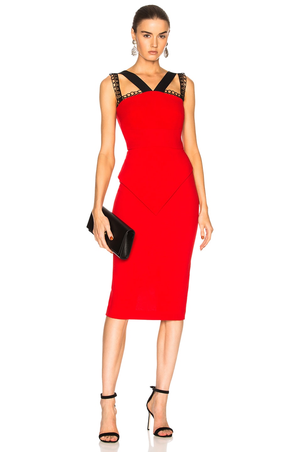 Image 1 of Roland Mouret Malton Double Wool Crepe & Embroidered Lace Trim Dress in Poppy Red & Black