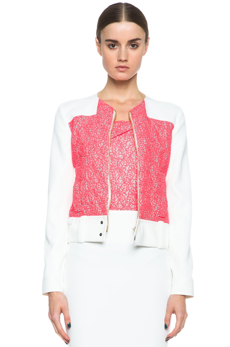 Image 1 of Roland Mouret Lace & Crepe Jacket in Fluorescent Pink & White