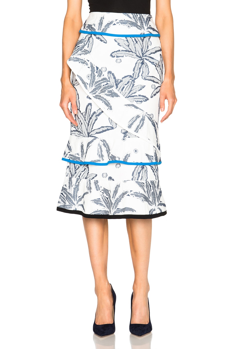 Image 1 of Roland Mouret Vivian Palm Fils Coupe Skirt in Navy, White & Bright Blue